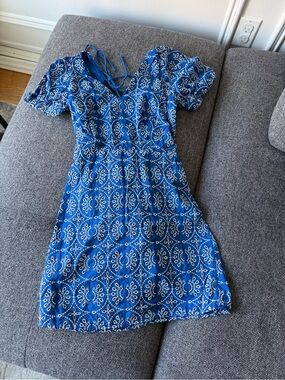 Mango Blue Patterned Short Sleeve Dress